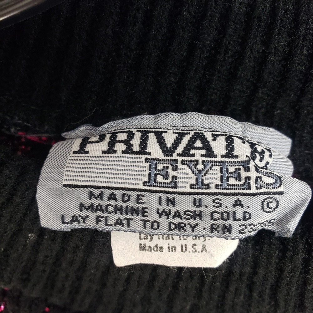 Vintage 90s Private Eyes Bear Heart Fair Isle Sweater Womens XS Black Pink Lurex - Picture 3 of 8